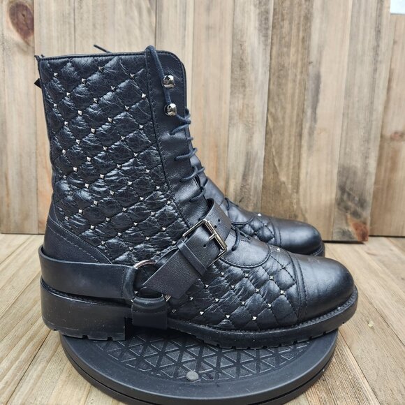 Womens Valentino Garavani Size 8 Eu 38 Leather Quilted Rock Stud Biker Boots - Picture 3 of 13